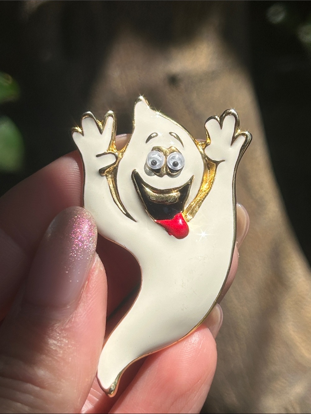 Vintage Whimsical White Ghost Enamel Pin with Googly Eyes